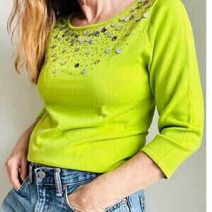 Y2K KNit Top Neon Green Beaded Size XS Statement Style Spring Summer
